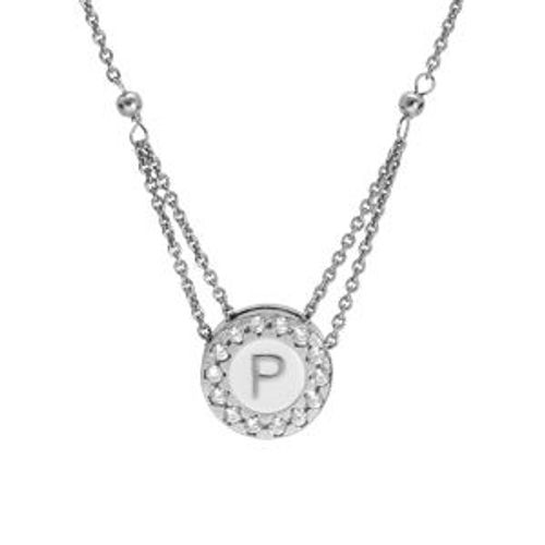 Collier Argent Rhodi Pendentif Rond Initiale P Recto Verso 1 Face Rsine Blanche Et L'autre Noire Contour Oxydes Blancs Sertis 40+5cm