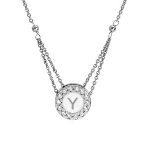 Collier Argent Rhodi Pendentif Rond Initiale Y Recto Verso 1 Face Rsine Blanche Et L'autre Noire Contour Oxydes Blancs Sertis 40+5cm