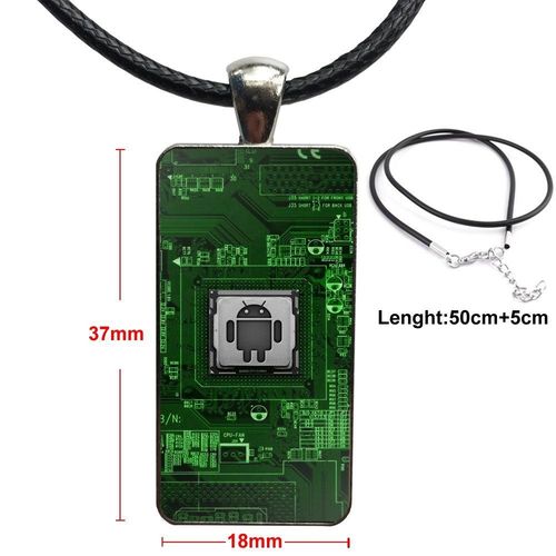 Collier Avec Pendentif Cabochon En Verre Pour Femmes Et Enfants, Bijoux De Dclaration En Acier Plaqu, Vert, Logo Robot Android