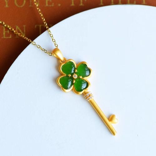 Collier Avec Pendentif Cl En Argent Naturel, Jaspe Hetian  Quatre Feuilles D'herbe, Bijoux De Marque En Or Ancien Unique Chinois Pour Femmes