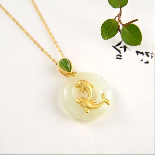 Collier Avec Pendentif En Argent Incrust En Forme De Dauphin De Poisson, Jade Blanc Naturel, Style Chinois Rtro, Breloque En Os De Riz, Bijoux Pour Femmes