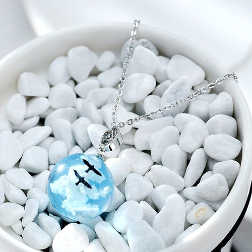 Collier Avec Pendentif En Boule De Verre Pour Femmes, Nuage Blanc, Ciel Bleu, Terrarium,  La Mode, Pour Dclaration