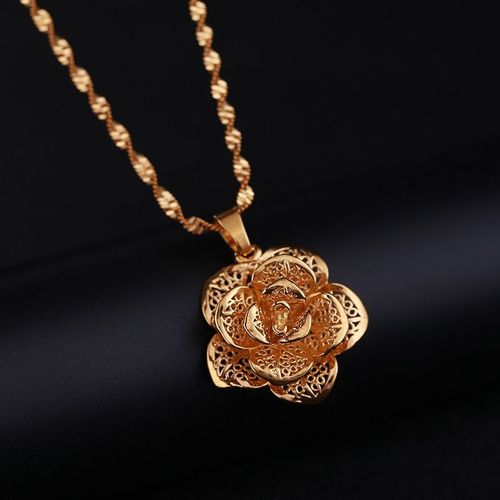 Collier Avec Pendentif En Forme De Fleur Ajoure Pour Femme, Bijou pais Avec Chane Ondule En Or Jaune 24k