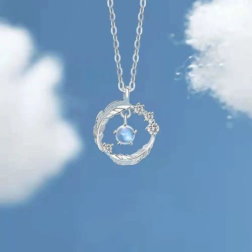 Collier Avec Pendentif En Forme De Lune Et De Cercle De Plumes Pour Femmes, Bijou De Luxe, lgant, Bleu Clair,  La Mode, Cadeau