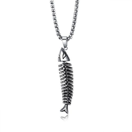 Collier Avec Pendentif En Os De Poisson Pour Hommes, En Acier Inoxydable Exagr, Cratif, Rtro, Mode Punk Hip Hop, Bijoux Cadeaux De Fte