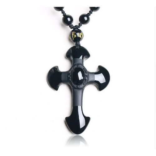 Collier Avec Pendentif En Pierre Naturelle Obsidienne, Amulette En Croix, Sculpt  La Main, Chane Avec Perles Libres Porte-Bonheur Pour Femmes Et Hommes, Bijoux