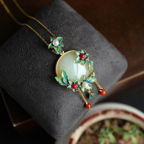 Collier Avec Pendentif Orchide Bleue Incruste De Jade Hetian, En Argent Dor Et Brl, Original, Breloque lgante, Bijoutier Cratif En Argent