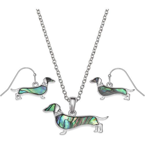 Collier Avec Pendentif Teckel Incrust De Coquillage D'ormeau Vert Paua Et Collier De Pierre De Verre Sur Chane De 45,7cm Et Boucles D'oreilles Assorties Hypoallergniques.