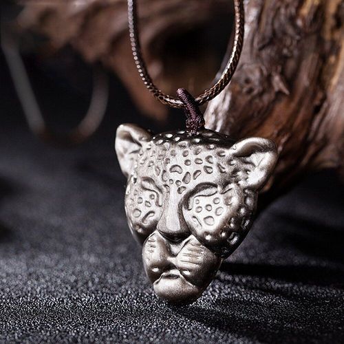 Collier Avec Pendentif Tte De Lopard En Pierre D'obsidienne Argente Pour Femmes, Avec Cordon Rglable