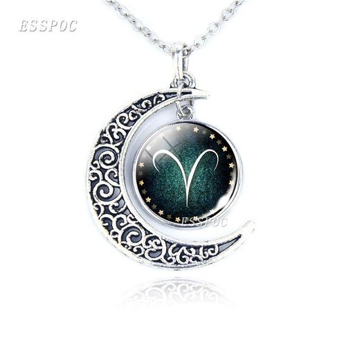 Collier Avec Signe Du Zodiaque Pour Femmes, Cabochon En Verre, Croissant De Lune, 12 Constellations, Bijoux, Cadeaux