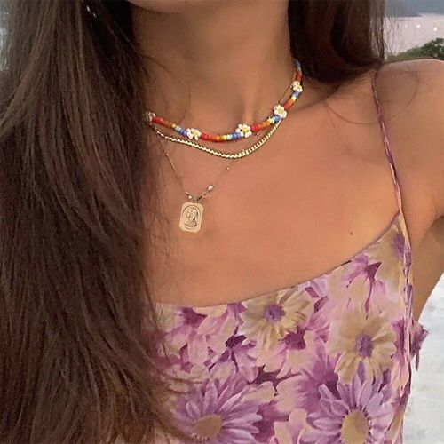 Collier Bohme Multicouche Avec Pendentif En Perle De Riz Pour Femmes, Rtro, Fait  La Main, Fleur Perle, Chane En Alliage, Bijoux Cadeau