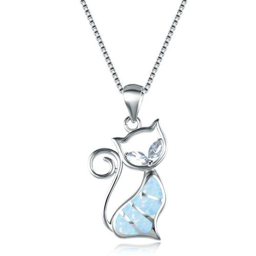 Collier Boho Avec Pendentif En Opale De Feu Bleue, Imitation De Chat Mignon, Breloque En Cristal Bleu, Strass, Bijoux Cadeau