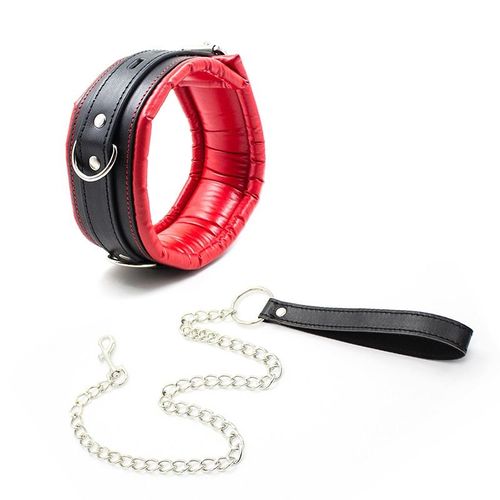 Collier Bondage En Cuir Rembour Avec Laisse - Rouge