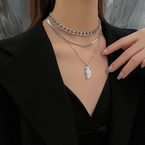 Collier Chane Multicouches Pour Femmes, Couleur Argent, Pendentif Carr En Os De Serpent,  Empiler, Bijoux  La Mode