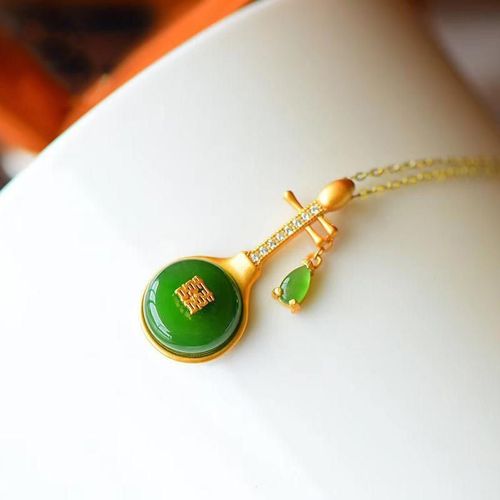 Collier Classique Pour Femme Avec Pendentif En Argent Sterling S925, Ancien Bijou Incrust De Jaspe Vert pinard Russe, Pipa, Pi-Pa Player