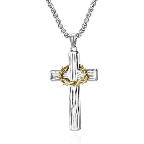 Collier Croix Couronne D'pines Fait Main, Bijou Religieux Chrtien, Cadeau Pour Femmes Et Hommes, lgant Pendentif Croix Couronne En Acier Inoxydable