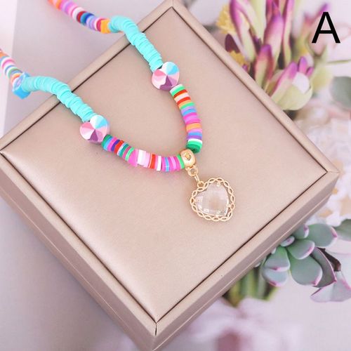 Collier D't En Argile Douce Avec Pendentif CUr En Cristal, Ras Du Cou, Style Bohme, Pour Femmes Et Filles, Bijoux De Plage, Cadeau De Fte