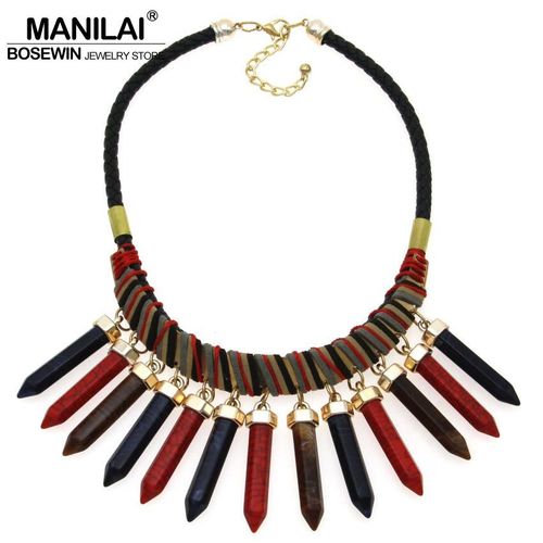 Collier De Dclaration De Style Indien Fait  La Main Pour Femmes, Mode, Corde En Cuir Noir, Multicolore Acrylique, Pendentifs D'ongles Ras Du Cou Ce4150