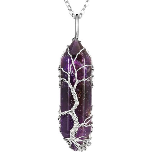 Collier De Gurison nergtique En Cristal Collier Pendentif Hexagonal D'arbre De Vie Collier De Gemmes Envelopp De Fil Collier De Quartz Pointu Naturel Avec Chane En Argent[X478]