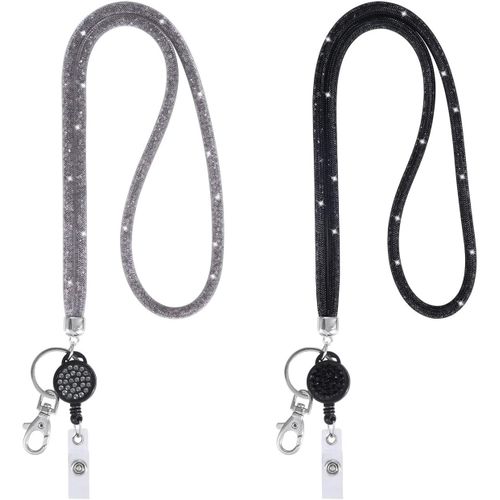 Collier De Lanire En Cristal Lanire Porte-Badge Rtractable Avec Porte-Cls Bling Cordons Tour De Cou Pour Bureau, Exposition, cole 2pcs (Noir, Gris)