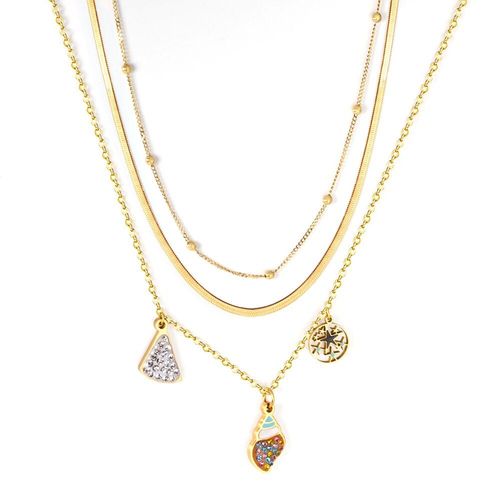 Collier De Luxe En Acier Inoxydable, Triangle Dor, toile Ronde, Pendentif De Perles De Conque, Style Hip Hop, Chanes  Couches De Serpent