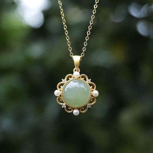 Collier De Perles En Jade Vert Htian Naturel Pour Femmes, Pendentif En Argent Sterling S925, Jade Rond Vintage Avec Gravure Incruste