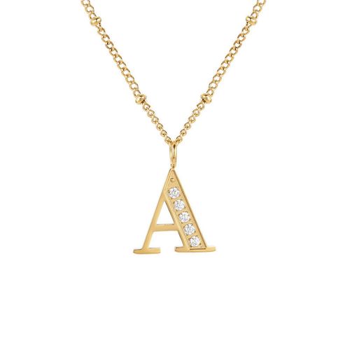 Collier Dore Avec Pendentif Decoratif En Acier Inoxydable Incruste Cnc, Lettre A, Pour Femmes Et Filles, Dore