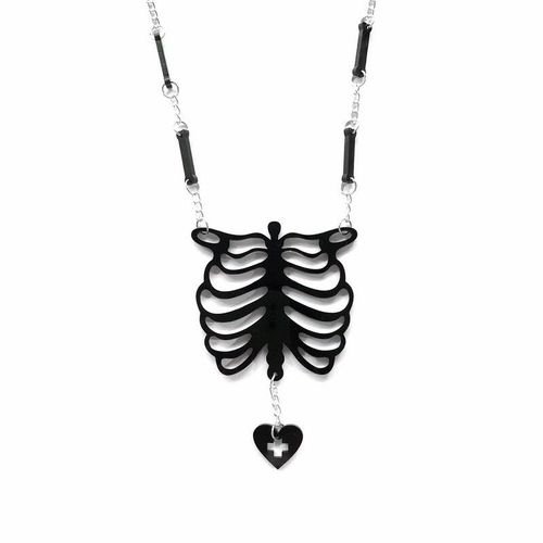 Collier En Acrylique Avec Pendentif Squelette, Os De Poitrine Avec Goutte De CUr, Collier Gothique Noir Fonc Pour Femmes