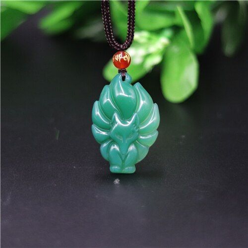 Collier En Agate Avec Pendentif En Jade Vert Naturel, Amulette Sculpte, Renard  Neuf Queues,  La Mode, Cadeau Pour Femmes Et Hommes