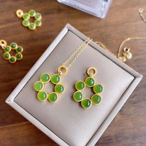 Collier En Argent Incrust De Jaspe Hetian Naturel, Nouveau Pendentif En Pierre  Face D'Uf Vert, Six Perles, Niche Chinoise, Chane De Clavicule