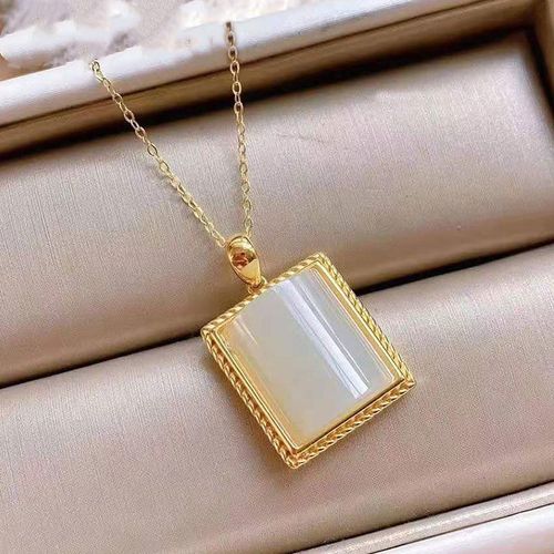 Collier En Argent Incrust De Pulpe De Jade Blanche Htian Naturelle, Pendentif Carr Gomtrique Rtro De Style Chinois, tiquette Suspendue, Bijoux Pour Femmes