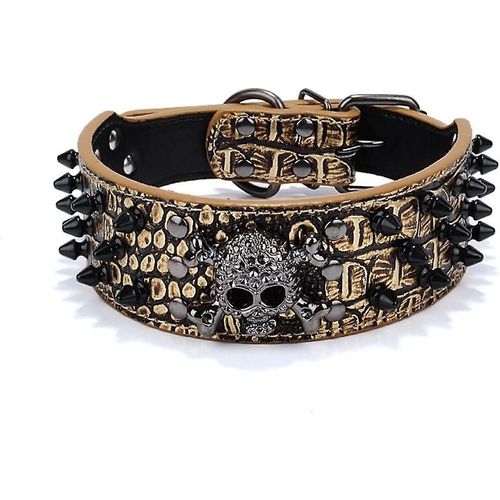 Collier En Cuir  3 Ranges De Rivets En Forme De Balle, Tte De Mort Cloute, Idal Pour Les Chiens De Taille Moyenne Et Grande (L) - Marron Dor