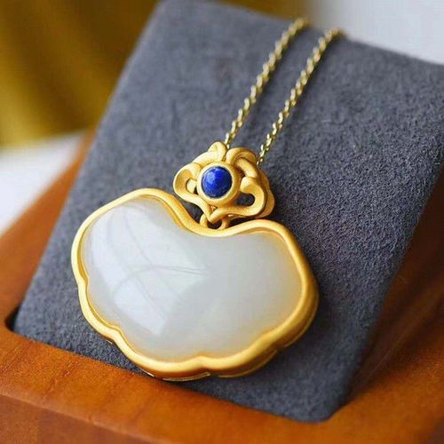 Collier En Jade Avec Pendentif En Or Ancien Incrust De Jade Htian, Blanc, Lapis Lazuli, Ruyi, Verrou De Scurit Pour La Longvit, Pour Femmes