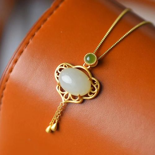 Collier En Jade Blanc Fimbrilla Ruyi, Pendentif En Argent Sterling S925 Incrust De Dorure Ancienne, Artisanat En Argent