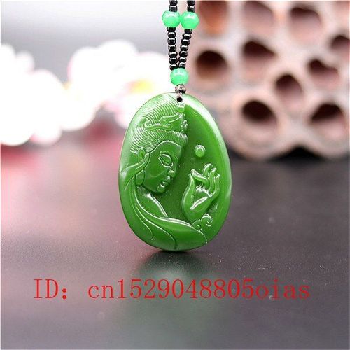 Collier En Jade Guanyin Chinois Vert Naturel, Pendentif De Perles, Breloque De Mode, Bijoux Amulette Sculpte, Cadeaux Pour Femmes Et Hommes