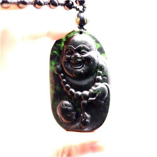 Collier En Jade Obsidienne Maitreya Pour Femmes, Pendentif En Perles, Amulette Sculpte, Noir Et Vert Naturel, Bijoux Fins, Cadeaux De Charme  La Mode