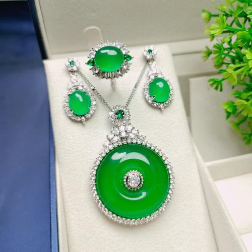 Collier En Jade Vert Naturel, Boucles D'oreilles, Bague, Ensemble De Bijoux, Breloques Chrysoprase Authentiques, Pendentif Rond, Amulette Calcdoine, Cadeaux Pour Femmes