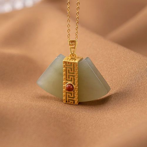 Collier En Jaspe Htien Naturel, Pendentif Gomtrique En Forme D'ventail, Style Palais Chinois Rtro, Bijou Artisanal Unique De Styliste En Argent