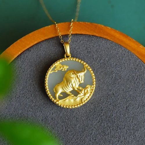 Collier En Jaspe Htien Naturel Pour Femme, Pendentif Rond De Marque En Forme De Taureau, Style Chinois, Rtro, Unique, Or Ancien, Breloque Artisanale, Bijoux De Marque