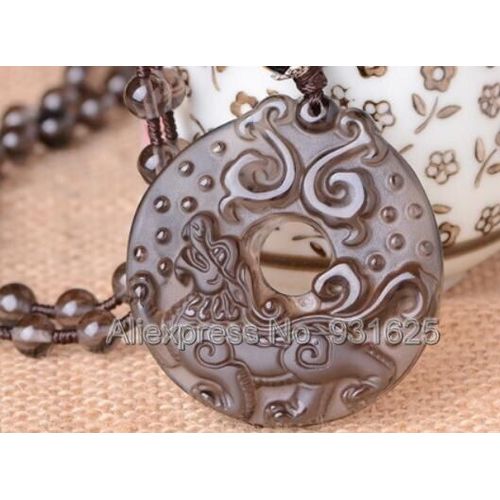 Collier En Obsidienne Naturelle Sculpte  La Main Chinoise, Amulette Creuse Porte-Bonheur + Perles, Bijoux  La Mode