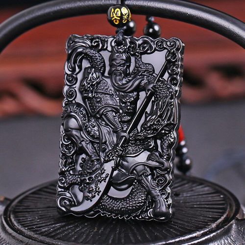 Collier En Obsidienne Noire Naturelle Sculpte  La Main Pour Hommes, Pendentif Guan Gongyu, Bijoux  La Mode, Double Face Sculpt, Cai Shen