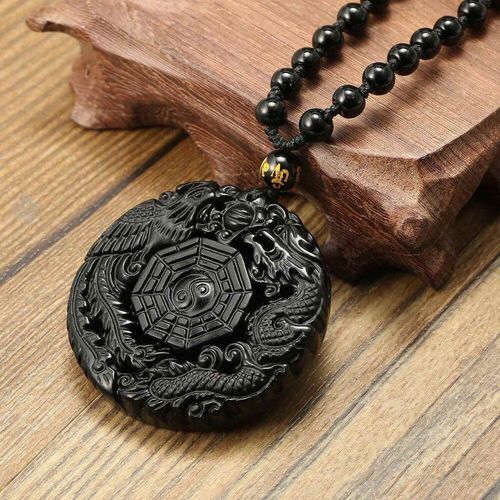 Collier En Obsidienne Noire Naturelle Sculpte, Dragon Chinois, Phnix, Baguette Porte-Bonheur, Amulette Avec Perles, Bijoux Fins  La Mode