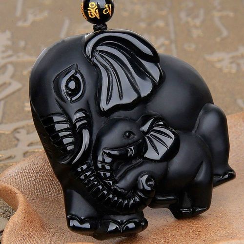 Collier En Perles D'obsidienne Noires Naturelles, Pendentif En Jade D'lphant Sculpt  La Main, Bijoux  La Mode Pour Hommes Et Femmes, Amulette De Bon Augure, Cadeaux