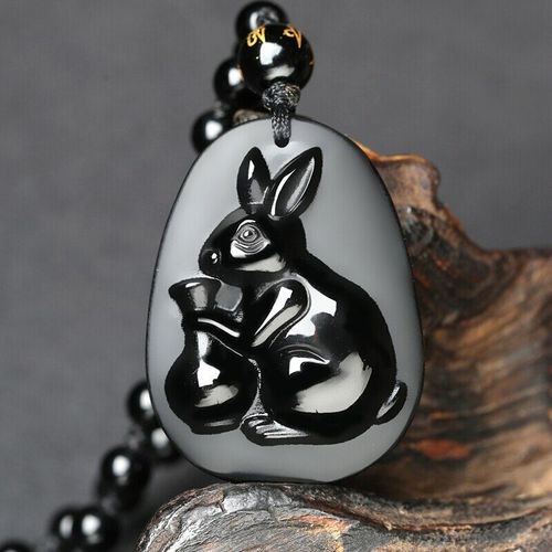 Collier En Perles D'obsidienne Noires Naturelles, Pendentif En Jade De Lapin Du Zodiaque Sculpt  La Main, Bijoux De Bon Augure Pour Hommes Et Femmes, Amulette, Cadeaux