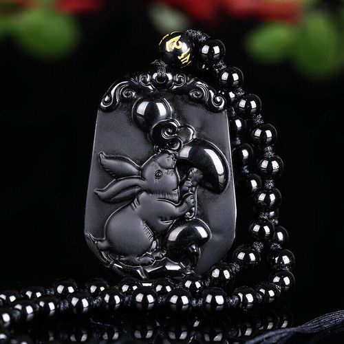 Collier En Perles D'obsidienne Noires Naturelles, Pendentif En Jade De Lapin Du Zodiaque Sculpt  La Main, Bijoux De Charme  La Mode, Amulette Pour Hommes Et Femmes, Cadeaux