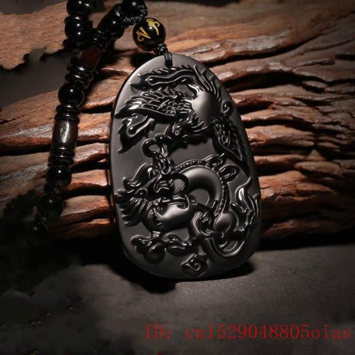 Collier En Perles D'obsidienne Noires Naturelles, Pendentif En Jade De Phnix Dragon Sculpt  La Main, Bijoux Amulette  La Mode, Cadeaux Pour Hommes Et Femmes
