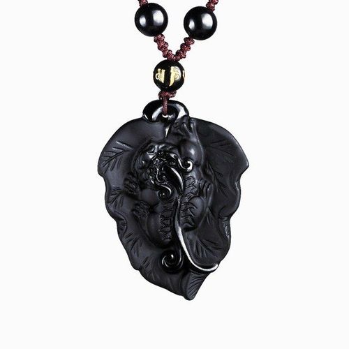 Collier En Perles D'obsidienne Noires Naturelles, Pendentif En Jade De Tigre Sculpt  La Main, Bijoux De Bon Augure Pour Hommes Et Femmes, Amulette, Cadeaux