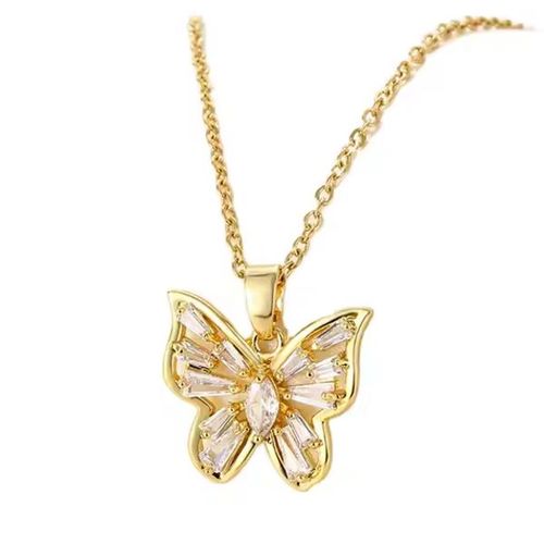Collier En Plaqu Or 18k, + Bijou  La Mode En Acier Inoxydable Transparent Avec Pendentif Papillon En Cz, Sans Polissage, Longueur Du Collier 41 Cm + 5 Cm De Rallonge, Ide Cadeau