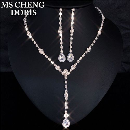 Collier Et Boucles D'oreilles En Cristal Plaqu Argent, Long Pendentif En Biscuits Goutte D'eau, Ensemble De Bijoux lgants Pour Patients De Mariage