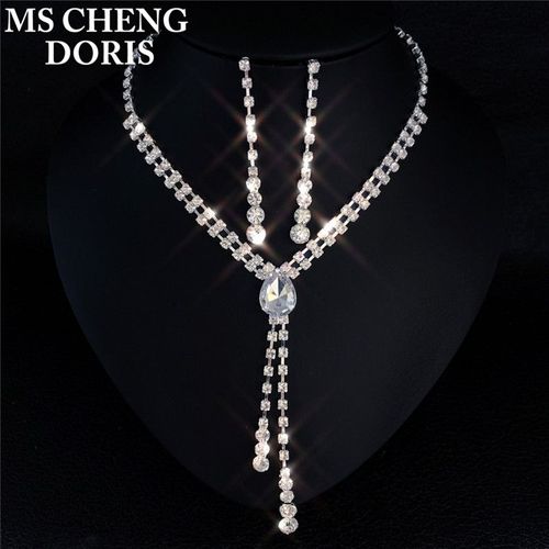 Collier Et Boucles D'oreilles En Cristal Plaqu Argent, Long Pendentif En Biscuits Goutte D'eau, Ensemble De Bijoux lgants Pour Patients De Mariage